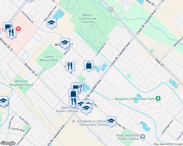map of restaurants, bars, coffee shops, grocery stores, and more near 475 Cavanagh Lane in Milton