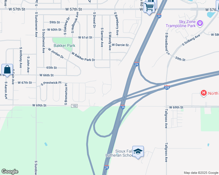 map of restaurants, bars, coffee shops, grocery stores, and more near 5901 South Mandy Avenue in Sioux Falls
