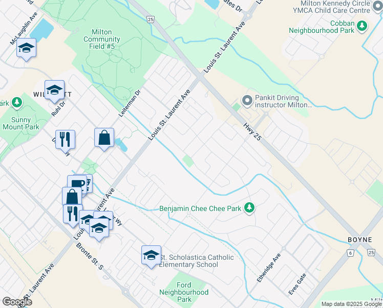 map of restaurants, bars, coffee shops, grocery stores, and more near 1275 Raspberry Terrace in Milton