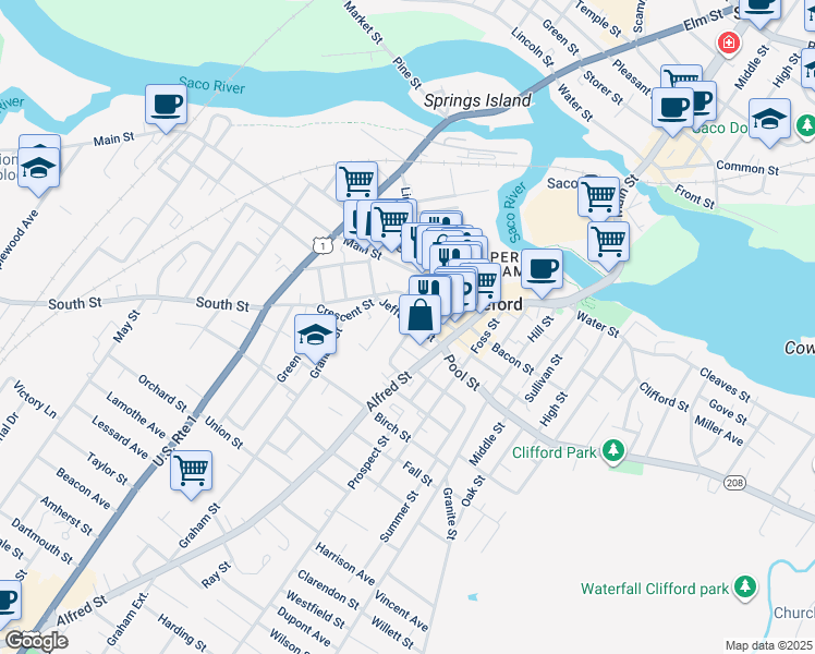 map of restaurants, bars, coffee shops, grocery stores, and more near 52 Jefferson Street in Biddeford