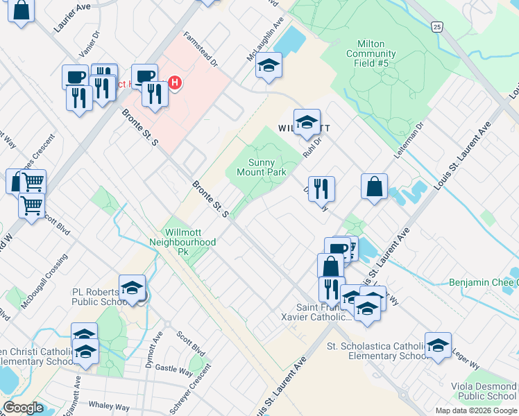 map of restaurants, bars, coffee shops, grocery stores, and more near 111 Higginbotham Crescent in Milton
