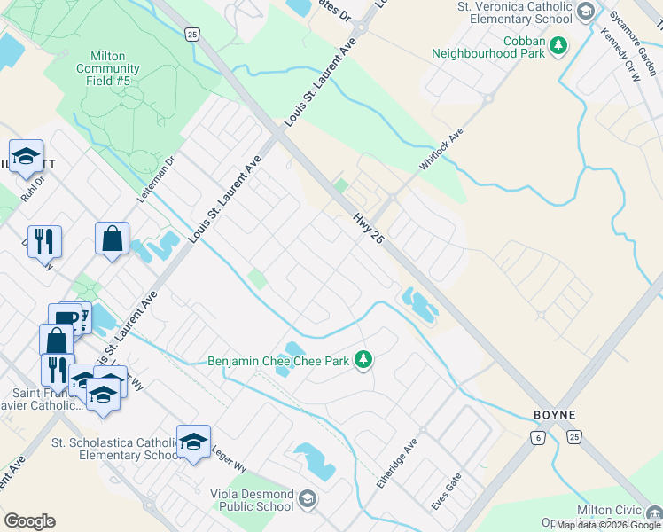 map of restaurants, bars, coffee shops, grocery stores, and more near 1270 McPhedran Point in Milton