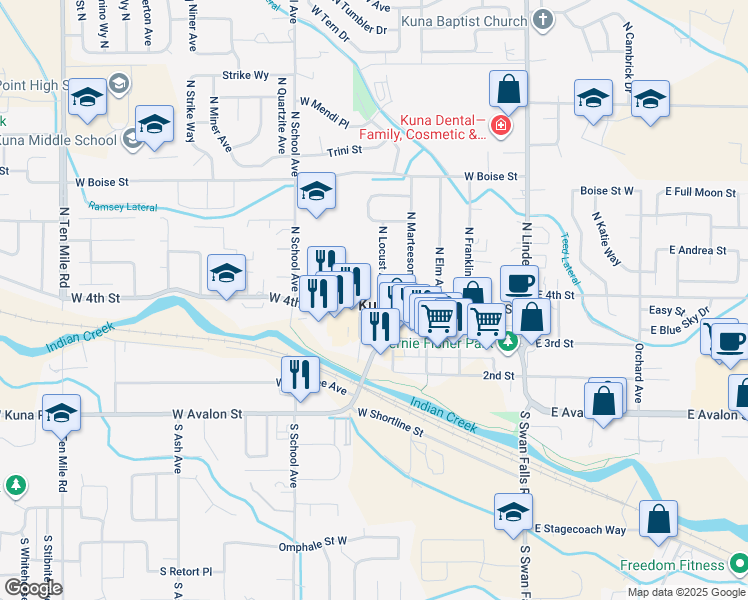 map of restaurants, bars, coffee shops, grocery stores, and more near 423 North Locust Avenue in Kuna