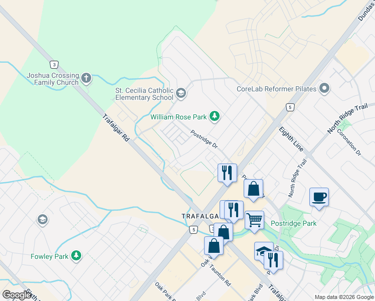 map of restaurants, bars, coffee shops, grocery stores, and more near 383 Wheat Boom Drive in Oakville