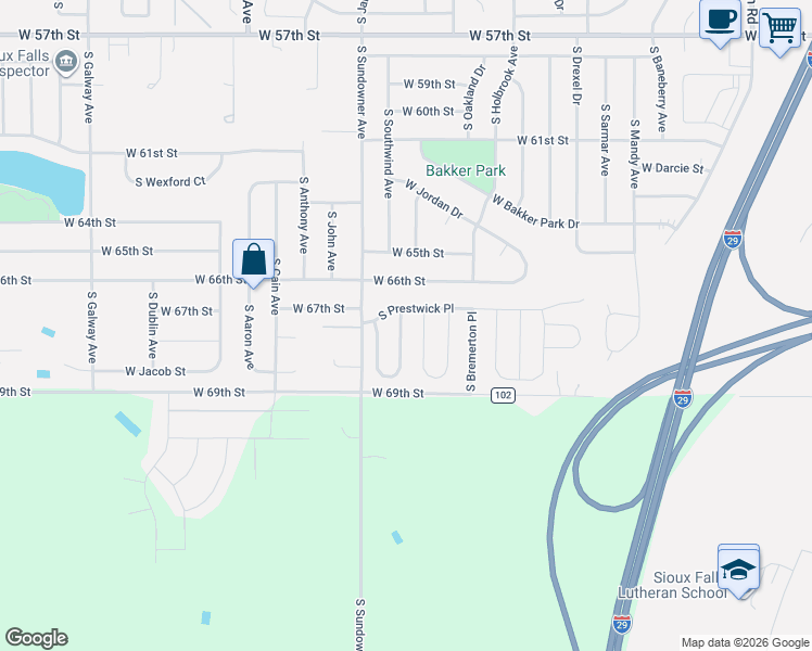 map of restaurants, bars, coffee shops, grocery stores, and more near 6042-6070 S Prestwick Pl in Sioux Falls