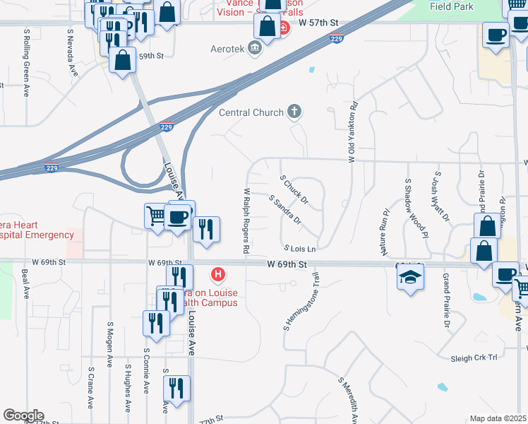 map of restaurants, bars, coffee shops, grocery stores, and more near 3401 West Ralph Rogers Road in Sioux Falls