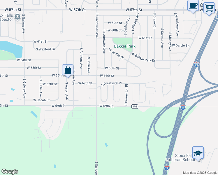 map of restaurants, bars, coffee shops, grocery stores, and more near 6042-6070 S Prestwick Pl in Sioux Falls