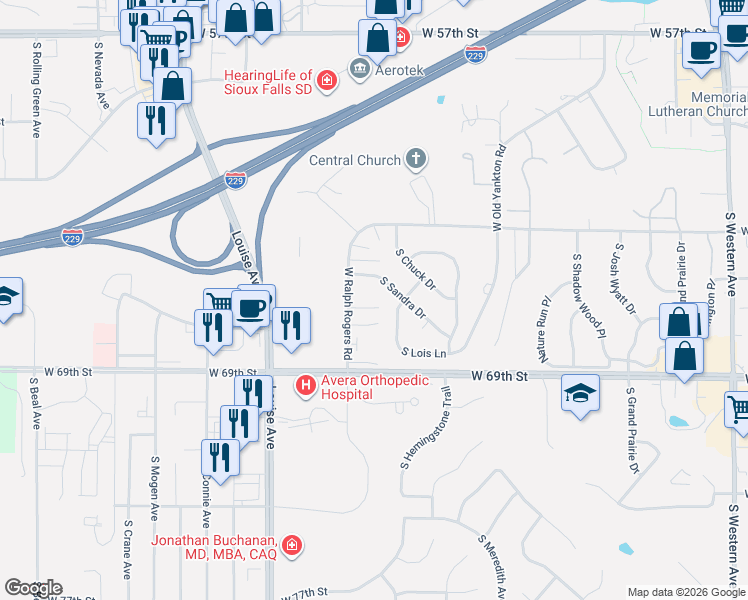 map of restaurants, bars, coffee shops, grocery stores, and more near 3401 West Ralph Rogers Road in Sioux Falls