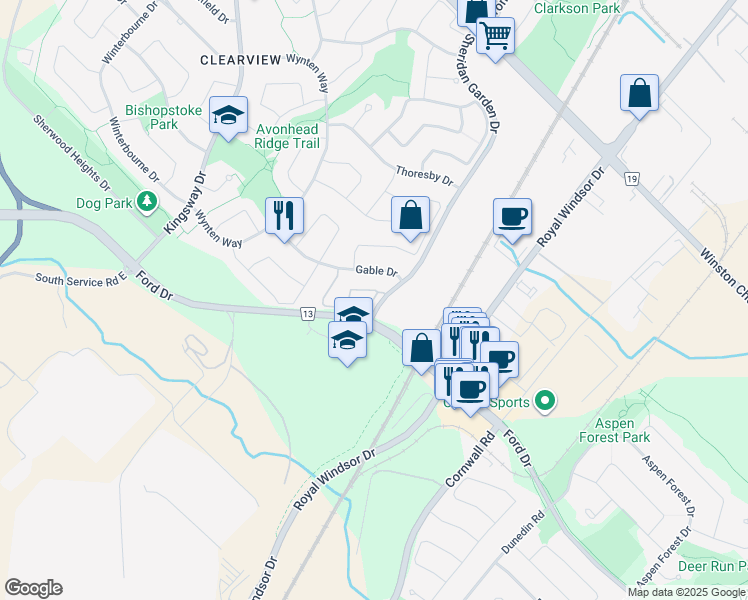 map of restaurants, bars, coffee shops, grocery stores, and more near 2301 Sheridan Garden Drive in Oakville
