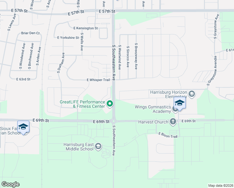 map of restaurants, bars, coffee shops, grocery stores, and more near 3204 East Brewster Street in Sioux Falls