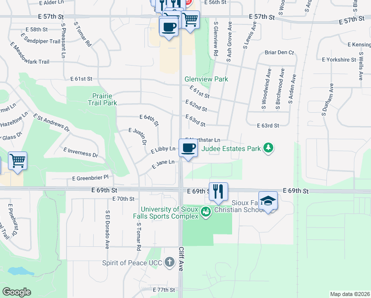 map of restaurants, bars, coffee shops, grocery stores, and more near 1301 East Northstar Lane in Sioux Falls