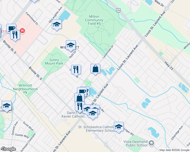 map of restaurants, bars, coffee shops, grocery stores, and more near 362 Cavanagh Lane in Milton
