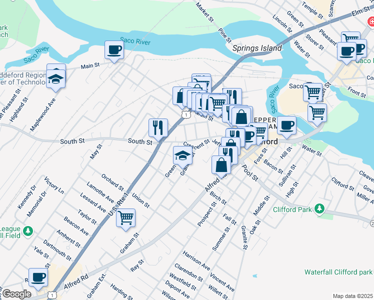 map of restaurants, bars, coffee shops, grocery stores, and more near 23 Green Street in Biddeford