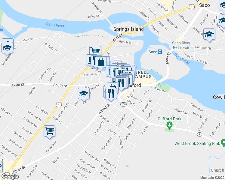 map of restaurants, bars, coffee shops, grocery stores, and more near 59A Washington Street in Biddeford