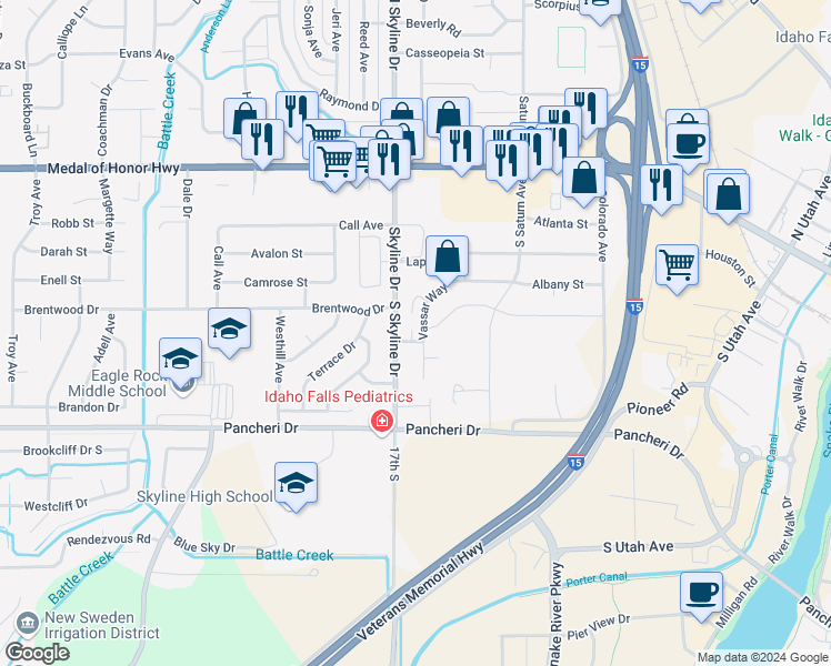 map of restaurants, bars, coffee shops, grocery stores, and more near 610 Vassar Way in Idaho Falls