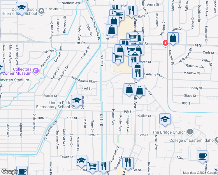 map of restaurants, bars, coffee shops, grocery stores, and more near 1518 John Adams Parkway in Idaho Falls