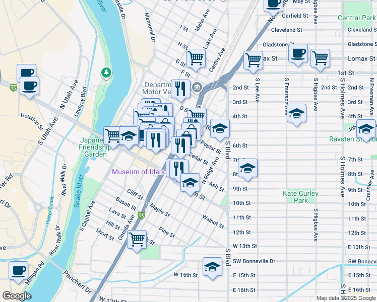 map of restaurants, bars, coffee shops, grocery stores, and more near 468 North Eastern Avenue in Idaho Falls