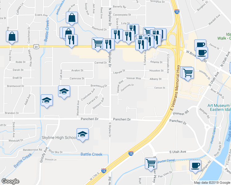 map of restaurants, bars, coffee shops, grocery stores, and more near 555 Vassar Way in Idaho Falls