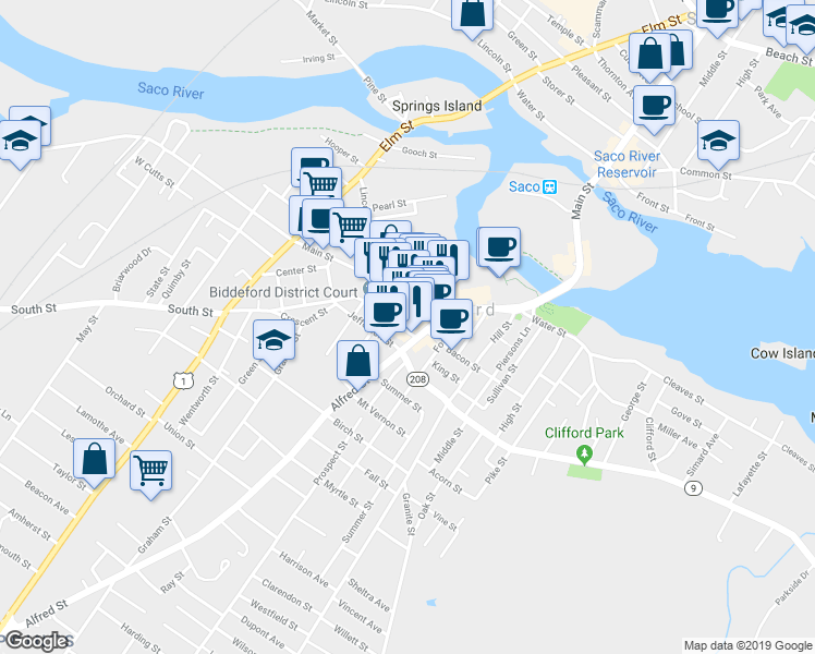 map of restaurants, bars, coffee shops, grocery stores, and more near 27 Washington Street in Biddeford