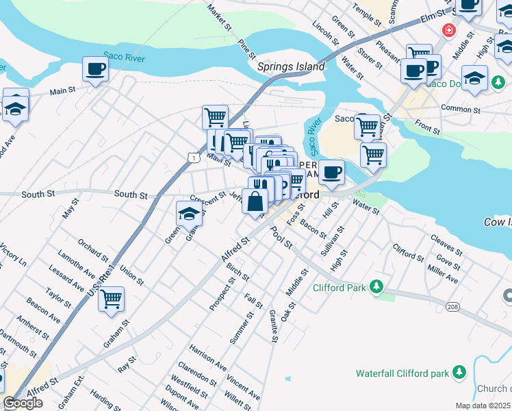 map of restaurants, bars, coffee shops, grocery stores, and more near 35 Adams Street in Biddeford