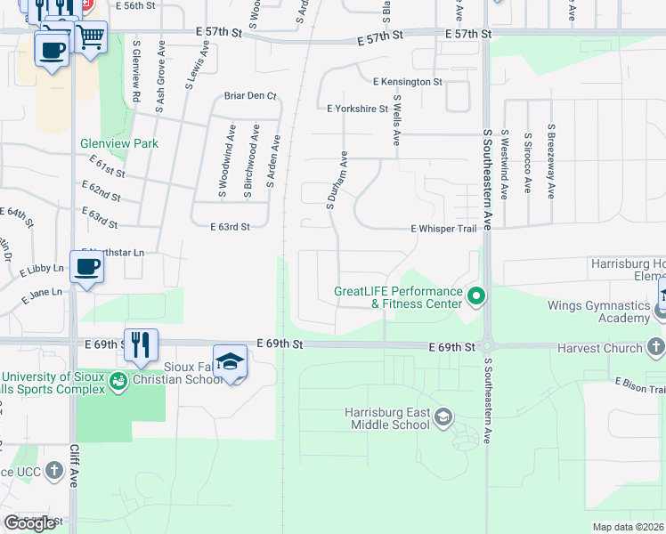 map of restaurants, bars, coffee shops, grocery stores, and more near 2619 East Whisper Trail in Sioux Falls