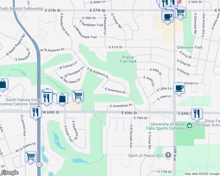 map of restaurants, bars, coffee shops, grocery stores, and more near 605 East Saint Andrews Drive in Sioux Falls