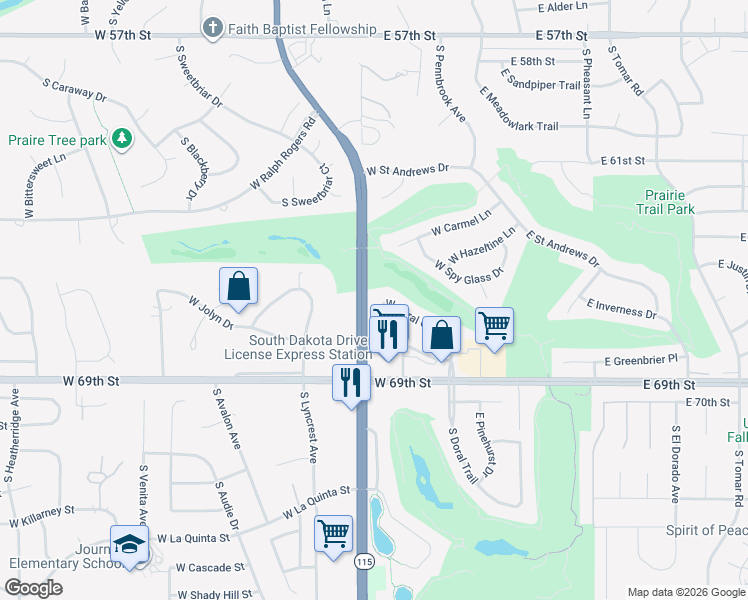 map of restaurants, bars, coffee shops, grocery stores, and more near 6001-6009 South Minnesota Avenue in Sioux Falls