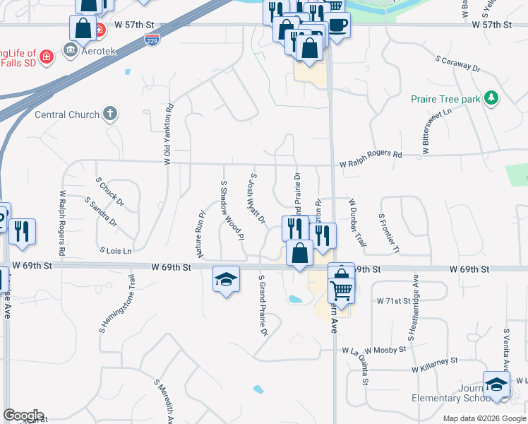 map of restaurants, bars, coffee shops, grocery stores, and more near 5609 South Jersey Tess Drive in Sioux Falls