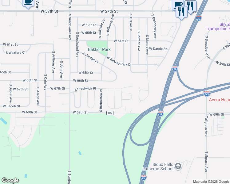 map of restaurants, bars, coffee shops, grocery stores, and more near 5828-5840 South Prestwick Place in Sioux Falls