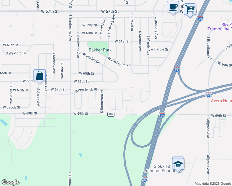 map of restaurants, bars, coffee shops, grocery stores, and more near 5828-5840 South Prestwick Place in Sioux Falls