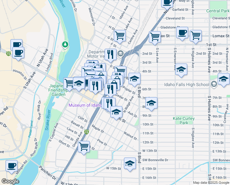 map of restaurants, bars, coffee shops, grocery stores, and more near 400 North Eastern Avenue in Idaho Falls