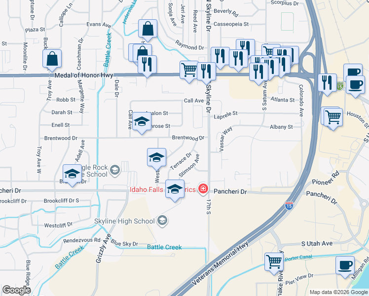 map of restaurants, bars, coffee shops, grocery stores, and more near 1685 Brentwood Drive in Idaho Falls