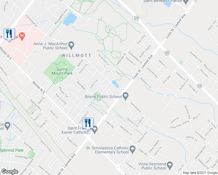 map of restaurants, bars, coffee shops, grocery stores, and more near 467 Dalhousie Gate in Milton
