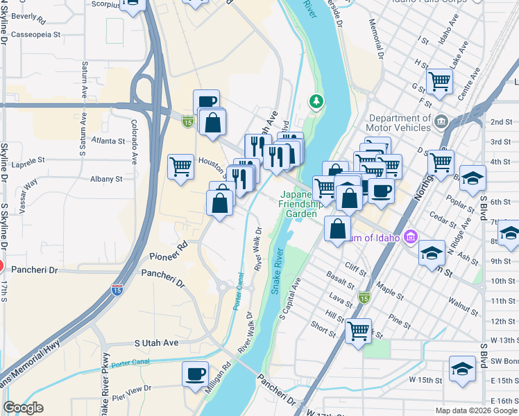 map of restaurants, bars, coffee shops, grocery stores, and more near 615 Riverwalk Drive in Idaho Falls