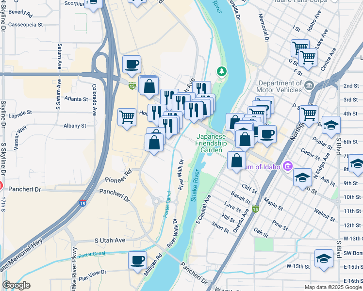 map of restaurants, bars, coffee shops, grocery stores, and more near 670 Simplot Circle in Idaho Falls