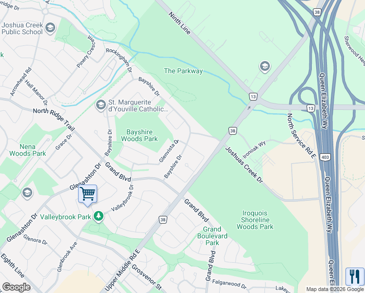 map of restaurants, bars, coffee shops, grocery stores, and more near 1600 Glenvista Drive in Oakville