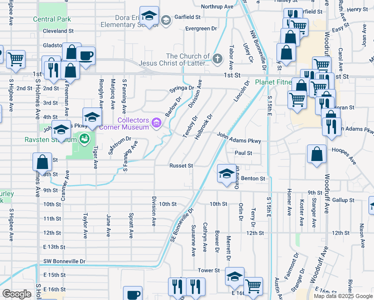 map of restaurants, bars, coffee shops, grocery stores, and more near 590 Holbrook Drive in Idaho Falls