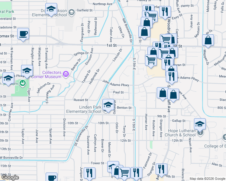 map of restaurants, bars, coffee shops, grocery stores, and more near 1380 John Adams Parkway in Idaho Falls