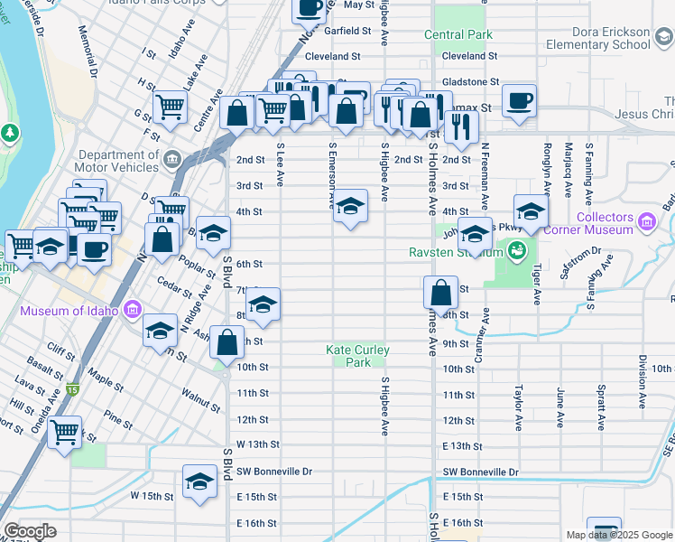 map of restaurants, bars, coffee shops, grocery stores, and more near 295 6th Street in Idaho Falls