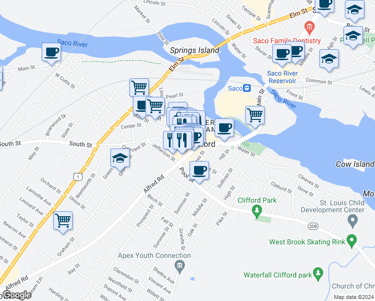 map of restaurants, bars, coffee shops, grocery stores, and more near 27 Washington Street in Biddeford