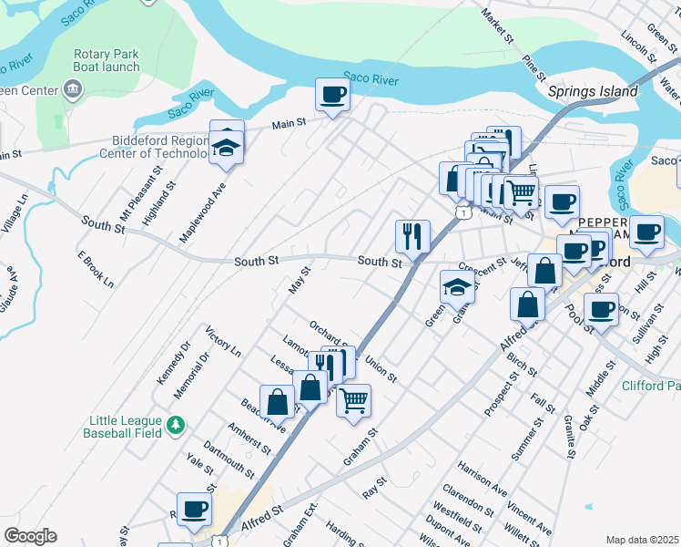 map of restaurants, bars, coffee shops, grocery stores, and more near in Biddeford