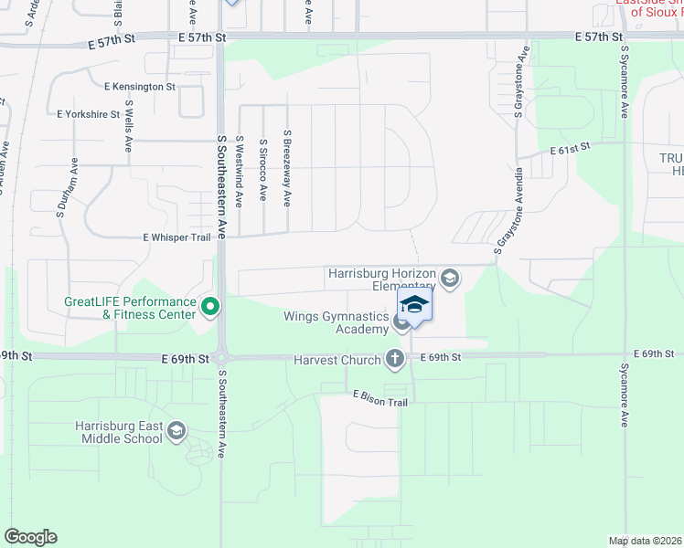 map of restaurants, bars, coffee shops, grocery stores, and more near 3601 East Brewster Street in Sioux Falls
