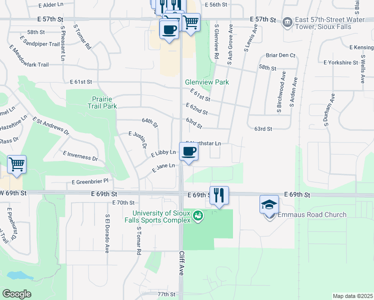 map of restaurants, bars, coffee shops, grocery stores, and more near 1301 East Northstar Lane in Sioux Falls