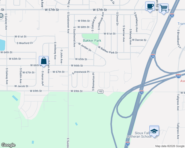 map of restaurants, bars, coffee shops, grocery stores, and more near 5900 West Misty Glen Place in Sioux Falls