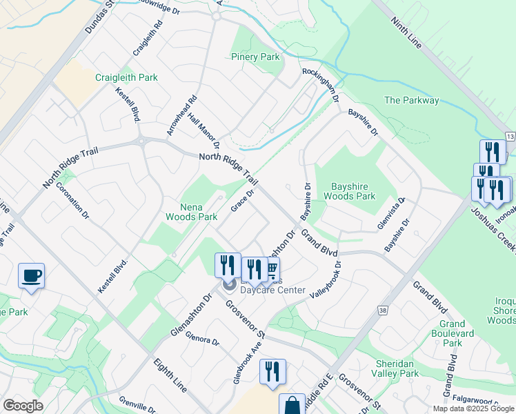 map of restaurants, bars, coffee shops, grocery stores, and more near 2241 Galloway Drive in Oakville