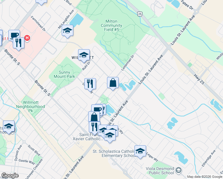 map of restaurants, bars, coffee shops, grocery stores, and more near 362 Cavanagh Lane in Milton