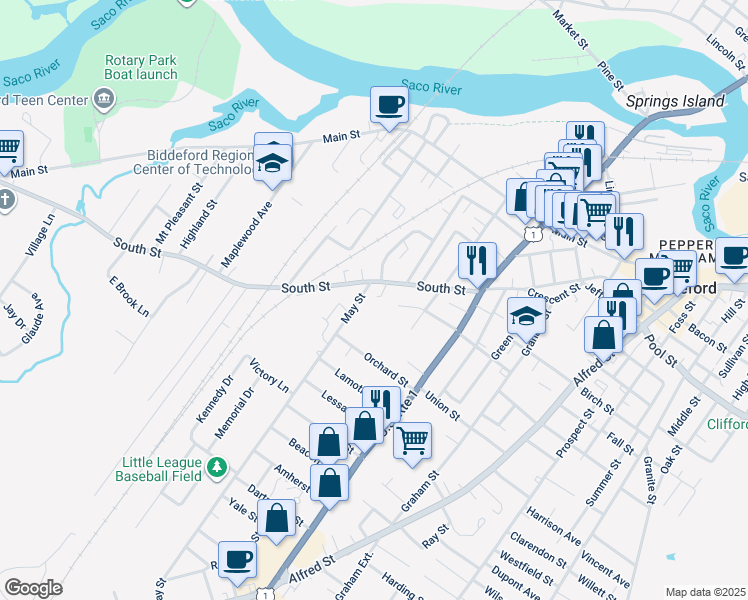 map of restaurants, bars, coffee shops, grocery stores, and more near 3 May Street in Biddeford