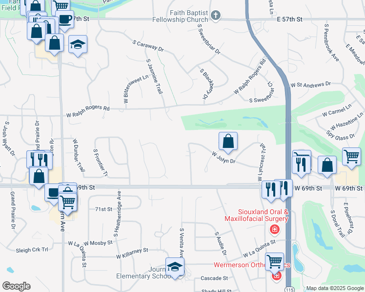 map of restaurants, bars, coffee shops, grocery stores, and more near 6001 South Mustang Avenue in Sioux Falls