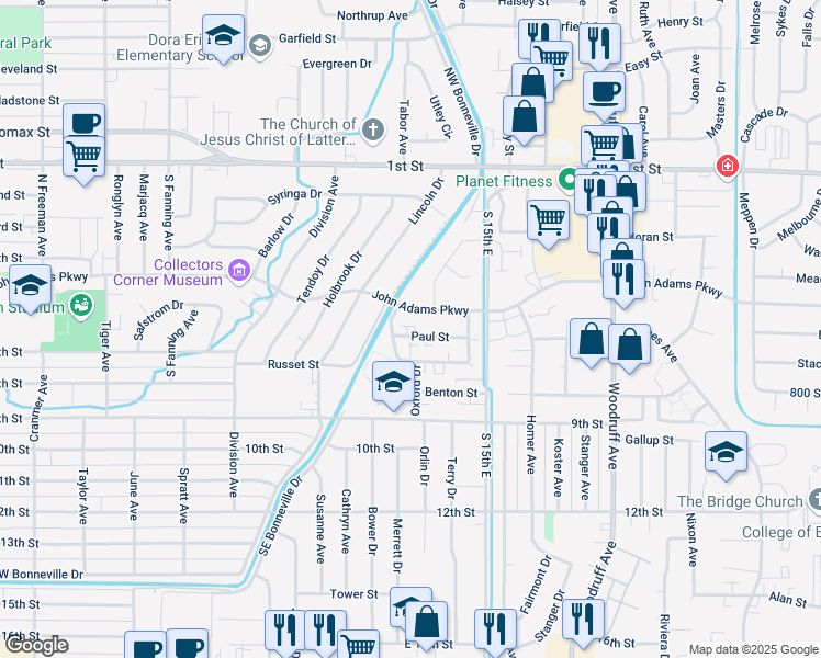 map of restaurants, bars, coffee shops, grocery stores, and more near 1380 John Adams Parkway in Idaho Falls