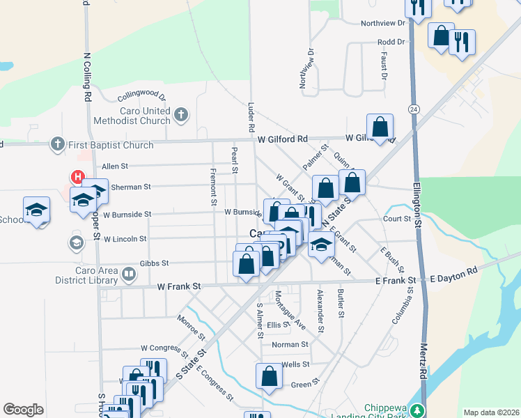 map of restaurants, bars, coffee shops, grocery stores, and more near 310 North Almer Street in Caro